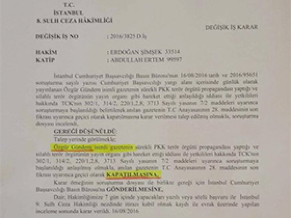 Özgür Gündem gazetesi için kapatma kararı