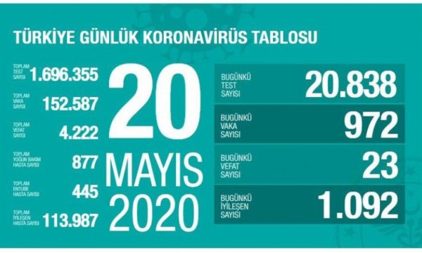 Türkiye'de son 24 saatte 972 kişiye Kovid-19 tanısı konuldu
