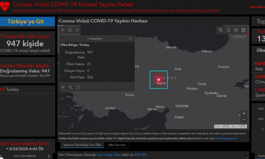 Koronavirüsün Dünyaya yayılım haritası Türkçe yayına başladı