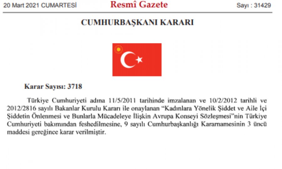 Resmi Gazete'de yayımlandı: Türkiye İstanbul Sözleşmesi'nden çekildi
